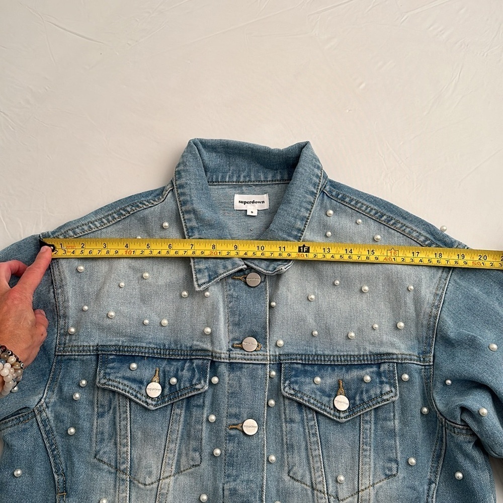 Superdown white pearl embellished light wash blue denim jacket - Picture 9 of 11